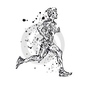 Running marathon, people run, colorful poster. Vector illustration man hand drawing sketch design poster