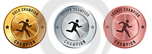 Running marathon sprint competition sport medal championship winner gold silver bronze badges circle shape