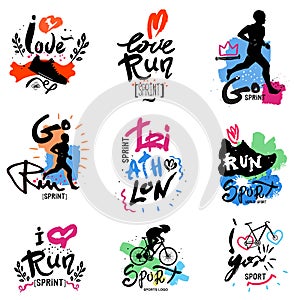 Running, marathon, triathlon logo and illustrations.