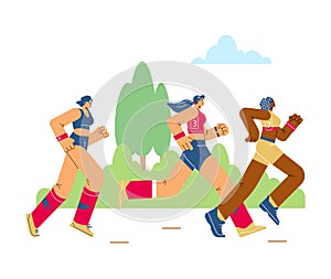Running marathoners men and women group flat vector illustration isolated.