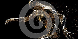 running metallic robot with sparcling dust on black background photo