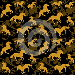 Running mustang horses and rose flowers vector seamless print design