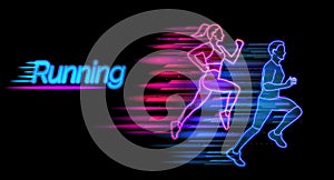 Running neon light landing page template. Man and woman jogging website layout. Healthy lifestyle and sports vector