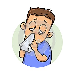 Running nose. Sick boy with a handkerchief. Cartoon design icon. Flat vector illustration. Isolated on white background.