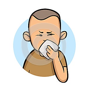 Running nose. Sick boy with a handkerchief. Cartoon design icon. Flat vector illustration. Isolated on white background.