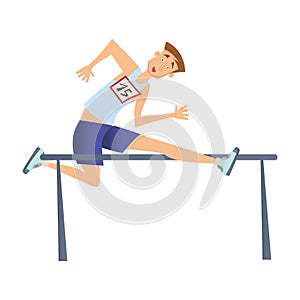 Running with obstacles. Man jumping over the barrier. Vector illustration, isolated on white background.