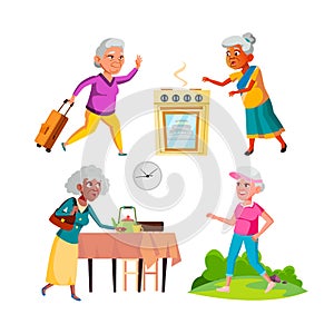 Running old woman set vector