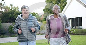 Running, park or senior women in fitness training together for health, wellness or exercise in retirement. Diversity