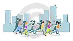 Running people in city vector illustration. World health day poster design. Save health concept. People jogging, run