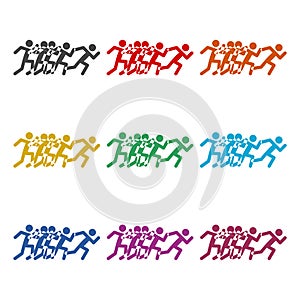 Running people icon and silhouette, sport and activity background logo, color set