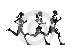 Running people, isolated vector silhouette. Group of runners. Man and women. Run