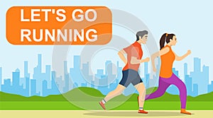 Running people, man and woman run against the background of the urban landscape. Vector illustration.