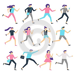 Running people. Man and woman run, jogging workout and athletic sport runners. Sports exercising isolated flat vector illustration