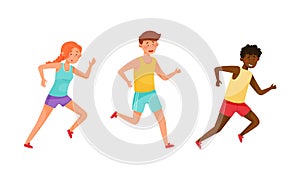 Running people set. Athletes taking part in sports competition cartoon vector illustration