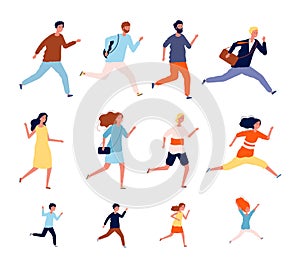 Running persons. Sport casual and business people in different costumes action poses jogging and jumping male female