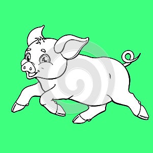 The running pig contour on green background