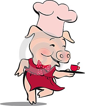 Running pig with a tray and a cup of coffee