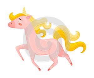 Running Pink Unicorn With Waving Golden Mane And Tail Vector Illustration