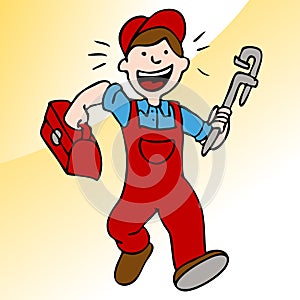 Running Plumber With Wrench and Toolbox