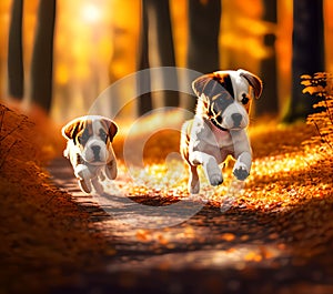 Running Puppy in Woods, Generative AI Illustration