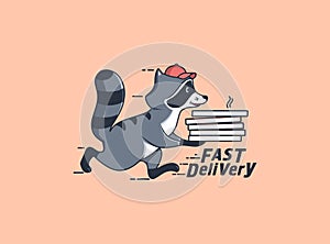 The Running raccoon with pizza box, with fast delivery text. Funny character, logotype, badge, sticker