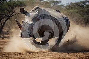 a running rhino in a cloud of dust
