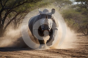 a running rhino in a cloud of dust