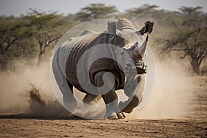 a running rhino in a cloud of dust