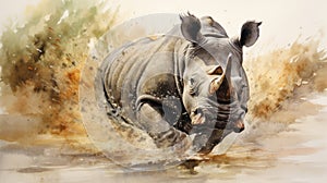 Running rhino, Southern White Rhinoceros, Safari.