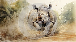 Running rhino, Southern White Rhinoceros, Safari.