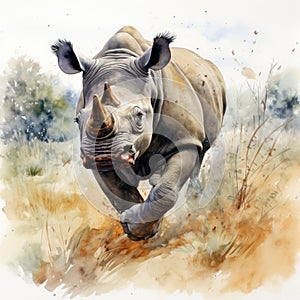 Running rhino, Southern White Rhinoceros, Safari.