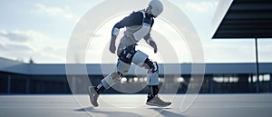 Running robot in an outdoor setting, showcasing advanced mobility. Generative AI. photo