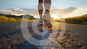 Running on a rural road with fields on either side