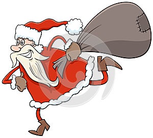 Running Santa Claus Christmas character with sack of gifts