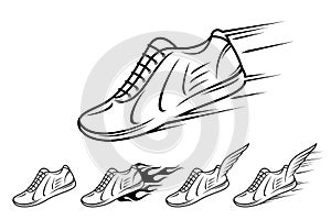 Running shoe icons with speed, motion and fire trails