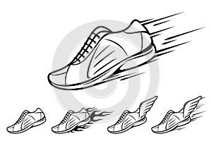 Running shoe icons, sports shoe with motion and fire trails