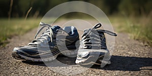 Running shoe with a well-worn path in the background, symbolizing the dedication and consistency required in the pursuit