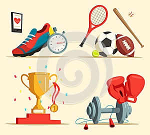 Running shoes and baseball bat, soccer, rugby ball