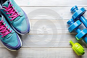 Running Shoes and Fitness Equipment with Copyspace photo