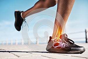 Running shoes, legs or skeleton bone glow in workout, training or exercise with anatomy pain, body stress or joint