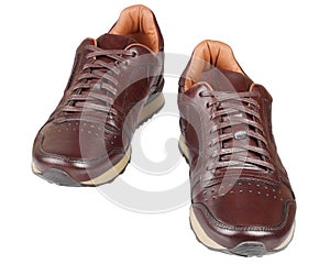 Running shoes mens, leather, brown, isolated on white background