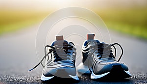 Running shoes on the road in the morning. Sport and healthy lifestyle concept