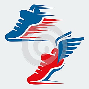 Running shoes with speed and motion trails and with wings photo