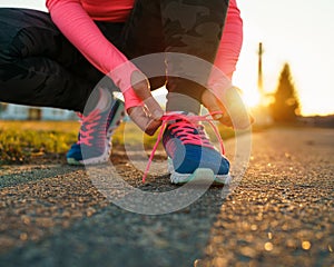 Running shoes - woman tying shoe laces