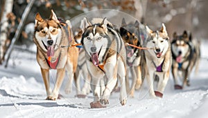 Running sled dogs in the winter, a purebred Malamute leads the pack