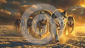 Running sled dogs in the winter, a purebred Malamute leads the pack