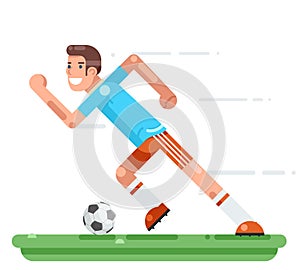 Running soccer player football character stadium background flat design vector illustration
