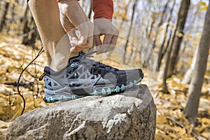 Running sport concept .Closeup of woman barefoot runner shoes. Female jogging on autumn