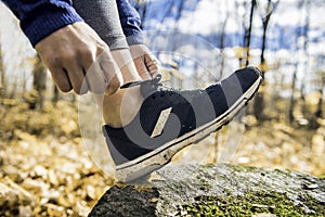 Running sport concept .Closeup of woman barefoot runner shoes. Female jogging on autumn