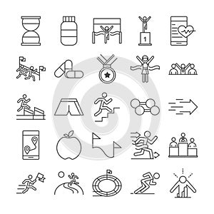 Running sport race clock protein medal barbell apple stadium people line icons set design